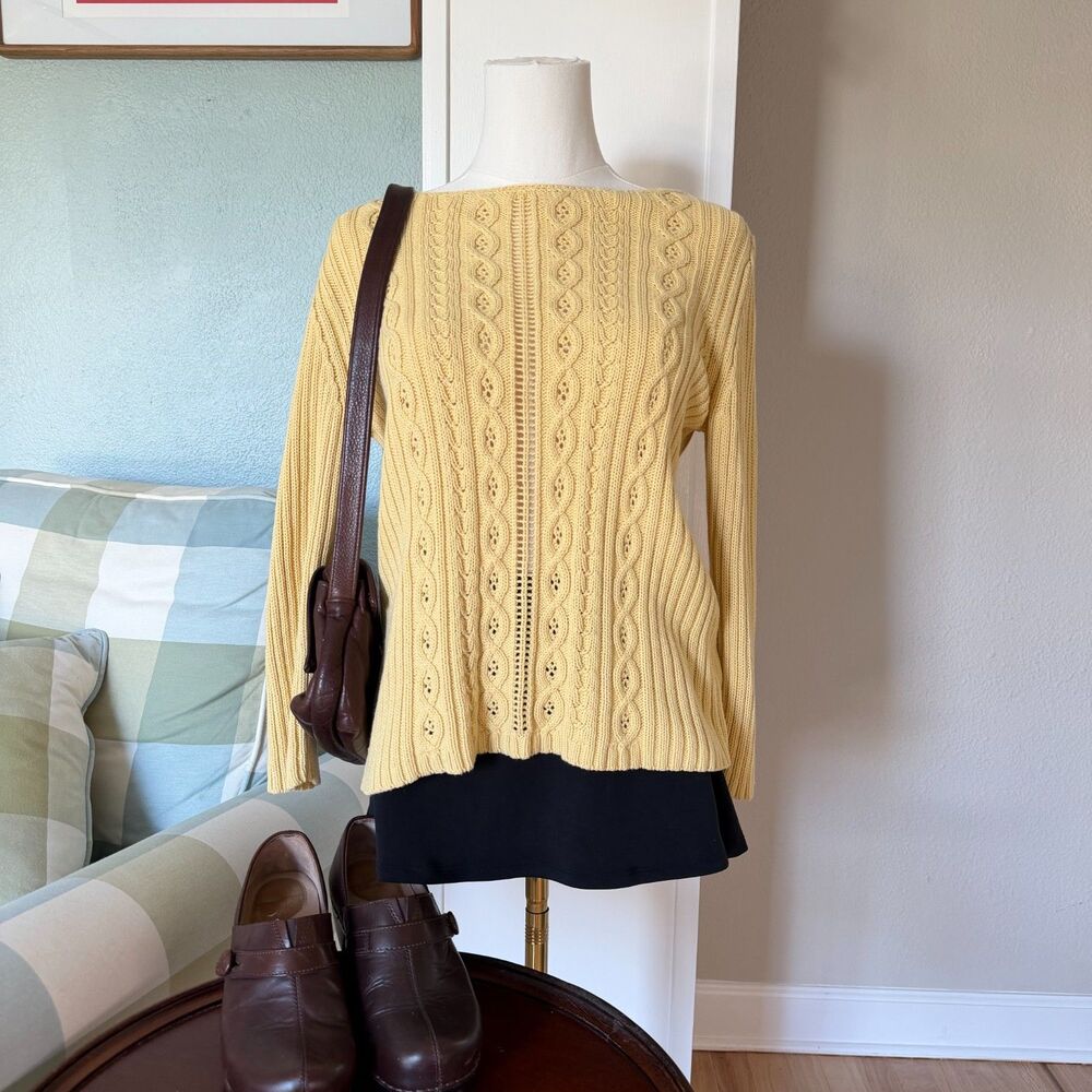 Vintage 1990s Jones New York Country Pale Yellow Cable-Knit Crewneck Sweater - S